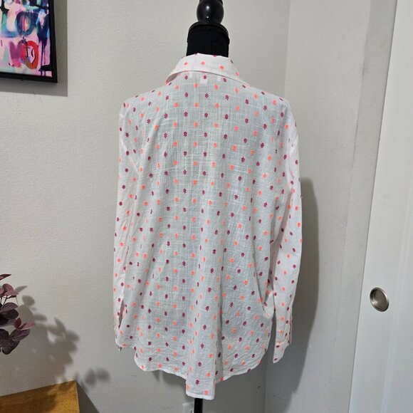 Ann Taylor Loft Polka Dot Tie Front White w Violet Coral - Sz L - Picture 6 of 12